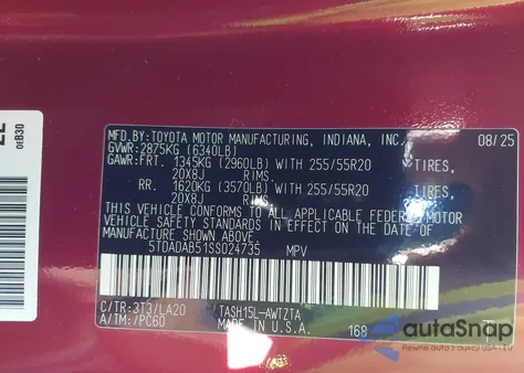 2025 Toyota Grand Highlander Hybrid Platinum Max from USA, damaged, VIN 5TDADAB51SS024735